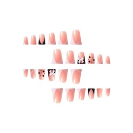 White French Tips Press on Nails Medium Duck False Nails with Pearl Bow Charm Design Black Gold Rhinestone Fake Nails Black French Tips Glue on Nails Summer Stick on Nails for Women Manicure 24Pcs