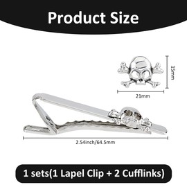 SUPERFINDINGS Skull Cuff links Tie Clip Set Novelty Tie Bar Clip Skeleton Cuff Links Necktie Bar Clips Men's Cufflinks and Necktie Clips set for Men's Gifts Suits Accessories