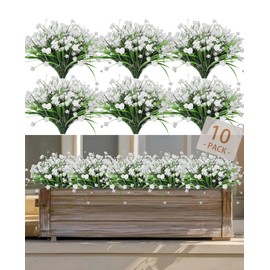 Ribiliwer Plastic Artificial Flowers 10 Bundles Outdoor Artificial Fake Flowers Faux Plastic Shrubs Plants No Fade for Outdoor Porch Farmhouse White