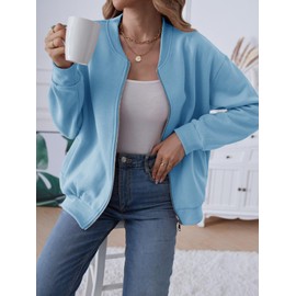 MEROKEETY 2024 Trendy Long Sleeve Full Zip Sweatshirt Cute Bomber Jackets for Teen Girls, Blue, Large