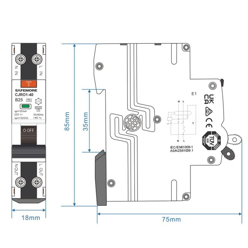 16A RCBO Circuit Breaker, SAFEMORE RCD Safety Switch with Earth
