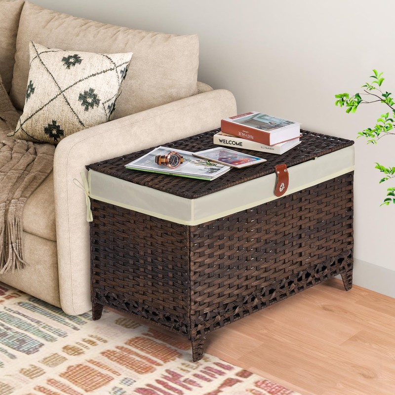 Honjourai Wicker Storage Basket with Lid,Rattan Shelf Basket with Removable