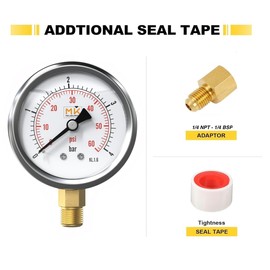 Pressure Gauge Glycerine 0-4 Bar 1/4 NPT Connection, Stainless Steel Housing with Integrated Teflon for Swimming Pool Sand Filter, Pressure Reducer, Air Pressure, Tyres, Water, Gas
