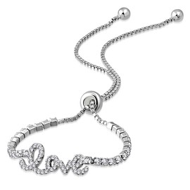 925 Sterling Silver Clear CZ Love Heart Adjustable Chain Bracelet, 9"