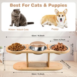 Elevated Cat Bowls - Raised Cat Food Bowls, 3 Stainless Steel Cat Bowls with 15°Tilted Bamboo Stand, Cat Feeding Bowls, Elevated Cat Food and Water Bowls for Indoor Cats, Small Dogs and Puppy