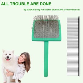 Slicker Brush for Dogs & Pet Comb Value Kit,Large Dog Slicker Brush for Goldendoodles Poodles Doodle with Ergonomic Solid Wooden Handle Best Extra Long Pin Dog Grooming Brush Haired Dogs (green)