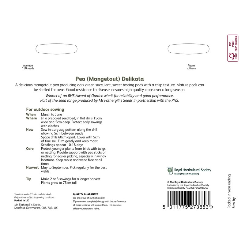 Mr Fothergills - Vegetable - RHS Pea (Mangetout) Delikata -