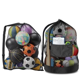 JUMRHFAN Extra Large Mesh Ball Bag with Drawstring Ball Bag with Adjustable Shoulder Strap, Waterproof Storage Bag for Basketball, Football, Rugby Ball, Volleyball (Black)