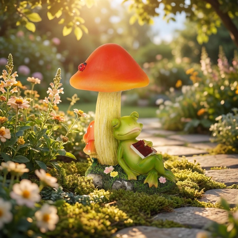 dojune Solar Powered Garden Mushroom Statue with Reading Frog, Outdoor