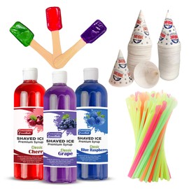 Concession Essentials – Complete Snow Cone Starter Kit – Includes 3 Premium 16oz Syrups (Cherry, Blue Raspberry & Grape), 25ct Neon Spoon Straws, 25ct 6oz Snow Cone Cups & 25ct BONUS Candy Spoons