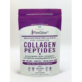 HerbUSA FlexGlow+ Collagen Peptides – Broad Spectrum (I, II, III, IV) – Hyaluronic Acid, Biotin & Vitamin C - Hair, Skin & Joint Support – 30 Servings (12.17oz) (12.17 oz, Unflavored)