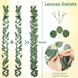 Lyrow Eucalyptus Garland with Flowers 5.9Ft Artificial Greenery Garland Faux Eucalyptus Leaves Greenery Silver Dollar Hanging Green Vine for Wedding Party Arch Mantle Door Wall Table Decor(6 Pcs)