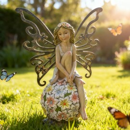 Suyorpe Flower Fairy Garden Decor,Garden Fairy Statues Outdoor,Solar Powered Outdoor Fairy Figurine Accessories,Patio Lawn Yard Porch, Resin Ornaments for Outside Gifts,9.45 Inches Tall