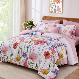 Annibedding Queen Size Comforter Set, 8 Piece Pink Floral Bed in a Bag, Flower Reversible Comforter, Sheets, Pillowcases & Shams, Soft Microfiber Bedding Set (90"x90")