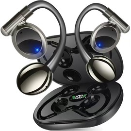 Open Ear Bone Conduction Headphones, Wireless Bluetooth 5.4 Earbuds Sport Over Earphones Built-in Mic with Ear Hooks 50H Playtime Buds LED Display Charging Case, Waterproof Design for Running(Black)
