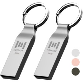 MOSDART - Paquete de 2 unidades flash USB 2.0 de 64 GB con llavero de metal de 64 GB impermeable para almacenamiento y copia de seguridad, color plateado