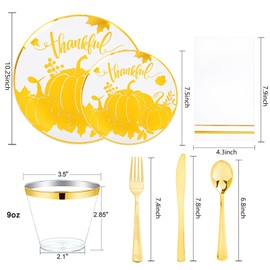 bUCLA 175PCS Thanksgiving Plastic Plates - Gold Plates Dinnerware Set Disposable - Pumpkin Plastic Plates Include 25 Dinner Plates,25 Dessert Plates,25 Knives,25 Forks,25 Spoons,25 Cups&25 Napkins