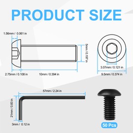 Pack of 50 M5 screws, black, pan head screws M5 x 10 mm, flat head screws M5 with Allen key, round head screws for furniture installation, industrial areas (M5 x 10 mm)