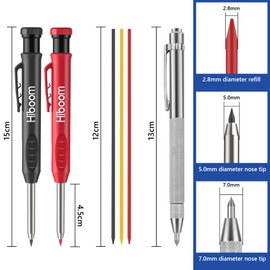 Hiboom Mechanical Carpenter Pencil Set, 5 Pcs Carpenter pencil with Sharpener, 2 Pcs Metal Scribe with Magnet, 3 Pcs Deep Hole Marker