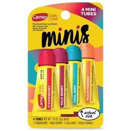 Carmex Daily Care Minis - Tubos de bálsamo labial hidratante con SPF 15, paquete de bálsamo labial de fresa, menta fresca, bayas silvestres y durazno mango, 0.18 onzas cada uno, 4 unidades