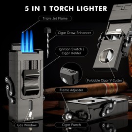 XIFEI Triple Jet Torch Lighter, 5-in-1 Men's Gift with Built-in Cigar Punch, Holder, Draw Enhancer, Foldable V-Cut Cutter, Windproof and Refillable (Gray)
