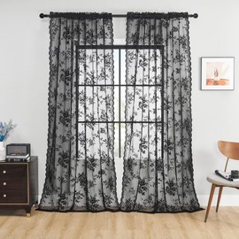 SEEKRIGHT Black Lace Curtains 84 Inches Long Goth Floral Sheer Curtains for Living Room Bedroom Gothic Decor Drapes Rod Pocket Light Filtering Edges Victorian Window Curtains 2 Panels Set, 52x84