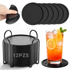 INGEQUIS 12 Piezas Posavasos de Silicona para Mesa, Portavasos Antideslizantes con Soporte, Resistente al Calor para Fiesta, Hogar, Restaurante, Cafetería, Bar(Negro)