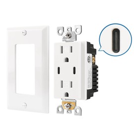 Baomain 1-Pack USB Outlet, Type C USB Wall Charger Outlet, Tamper Resistant Outlet, 4.8A 5VDC, 15A 120VAC, ETL Listed, with Wall Plate, White,15 Amp