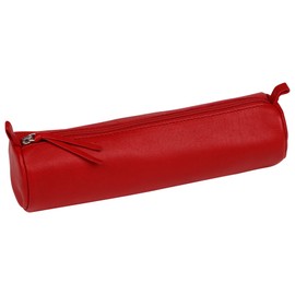 Clairefontaine - Ref 8308C - Coloured Leather Round Pencil Case - 22cm x 5.5cm, Made From Genuine Lambskin Leather, Metal Zip With Leather Puller - Red