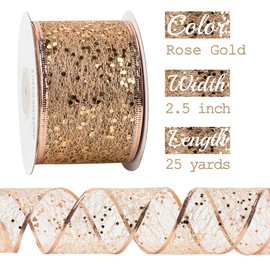 MEEDEE Rose Gold Glitter Ribbon Wire Mesh Ribbon with Sparkle Rose Gold Christmas Ribbon 2.5 Inch Metallic Ribbon Rose Gold Ribbon for Christmas Tree Decoration, Wreath Bow Making (25 Yards)