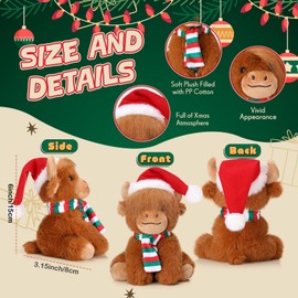 Blueweenly 12 Pcs Christmas Highland Cows Stuffed Animal, 6" Scottish Cow Plush, Realistic Highland Cattle Plush with Santa Hat and Scarf for Stocking Xmas Party Favor Ornaments Holiday Decor