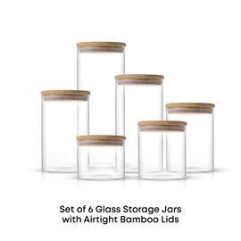 JoyJolt Borosilicate Glass Jars With Bamboo Lids. 6 Pc Set of Air Tight Sealable Containers. Food Jar Canisters with Airtight Lid for Pantry Storage and Kitchen Organization.
