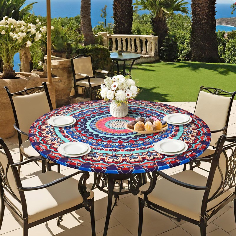 ASTNIC Round Tablecloth, Waterproof Elastic Edged Fitted Vinyl Table Cloth