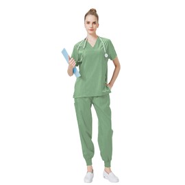 Meichoon Medical Scrubs Set V-Neck Elastic Short-Sleeved Top Tight Pants Quick-Drying Oral Nurse Doctor Uniform DK05 Green Medium
