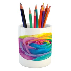 Ambesonne Vintage Rainbow Pencil Pen Holder, Romantic Blooming Rose with Colorful Petals Love Flower Valentine's Day, Printed Ceramic Pencil Pen Holder for Desk Office Accessory, Multicolor