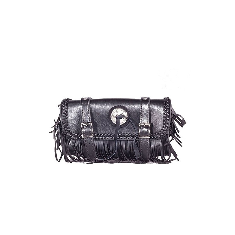 Black Motorcycle Tool Bag With Braid, Fringes & Concho-12-Inch