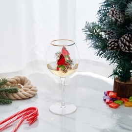 Stemmed Christmas Cardinal Wine Glasses - SINGLE - Cheer for Holiday Gift and Winter Season - 16 oz Stemless Decorated Tree Ornament Wine Tumblers for Holiday Season and Winter - Holly Red Décor