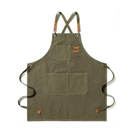 crazy bean BBQ Apron for Men Women Adjustable Work Apron with 3 Pockets Cross Back Cooking Apron for Kitchen Restaurant Cafe, Grey-green
