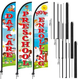 CroBlissful 3 Pack Now Enrolling Preschool Daycare Feather Flag Daycare Swooper Flag Weatherproof Polyester Now Open Banner 12ft x 2.5ft for Schools Daycare Business Advertising
