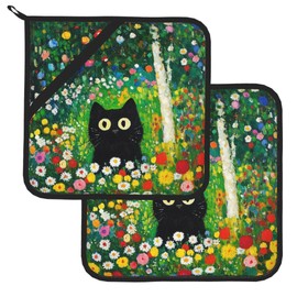 2 Pack Colorful Garden Cats Pot Holders,Heat Resistant Countertop Hot Pads with Hanging Loops,Cute Cats Potholder Set for Kitchen Baking Chef Barbeque,Square,8X8 inch