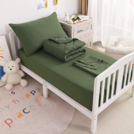 NTBAY Toddler Bedding Set - 4 Piece Soft and Breathable Crib Bedding Set for Boys and Girls, Includes Quilted Comforter, Fitted Sheet, Flat Top Sheet and Envelope Pillowcase, Olive Green