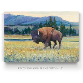 Renditions Gallery Bison and Mountain Wall Art, American Bison Landscape, Purple, Brown, Yellow, Colorful Premium Gallery Wrapped Canvas Decor, Ready to Hang, 32 in H x 48 in W, Made in America Print