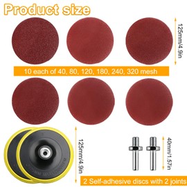 60 Sheets Sandpaper 125 mm Velcro, Pack of 2 Velcro Support Plates, Sandpaper 40/80/120/180/240/320 Grit, M14 Sanding Discs Velcro, with 2 Rods, for Drill Grinders, Angle Grinders