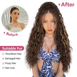 ALXNAN Claw Clip Ponytail,30 Inch Chocolate Brown with Caramel Blonde Ponytail Extension for Women Synthetic Long Curly Wavy Clip in Ponytail Hair Extensions Hairpiece for Daily Party Use