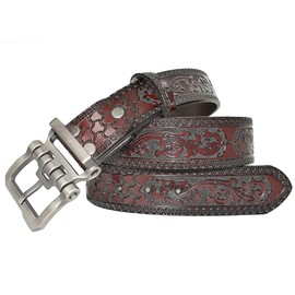 PACDE Western Retro Cowboy Belt Genine Leather Cowskin Jeans Flower Emboss Men Belt(4011ZKCoffee,for36-37" waist size)