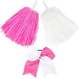 Hanaive 3 Pcs Plastic Cheerleading Pom Poms and Large Cheerleader Hair Bow Metallic Foil Cheer Supplies for Dance Squad Rooters Accessories(Pink White,Matte)