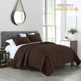 HORIMOTE HOME Quilt Set Queen Size Chocolate, Classic Geometric Diamond Stitched Pattern, Ultra Soft Microfiber Lightweight Bedding Bedspread Coverlet for All Season with 1 Quilt 2 Pillow Shams