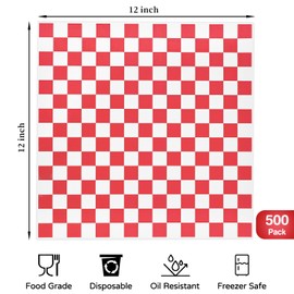Ocmoiy 500 Sheets Sandwich Wrapping Paper, 12" x 12" Red and White Checkered Deli Paper Sheets Parchment Food Basket Liners for BBQ, Picnic, Festival
