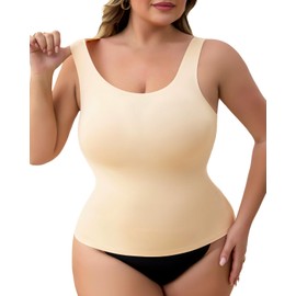 USEASY Tummy Control Tank Tops for Women No Show Shapewear Camisole Tops Seamless Slimming Cami Beige M