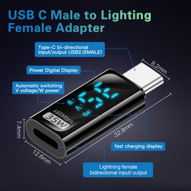 USB C to Lightning Adapter with LED Display, USB-C Male to iOS Female, Supports 35 W PD Quick Charge and Data Sync, Compatible with Lightning (Not Suitable for Headphones) (Pack of 2)